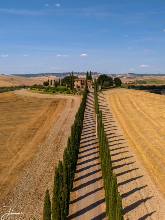 Tuscane is very beautiful. One of the famous roads is cypresse road. This is a long lane having on its side the cypresses. The grains have been harvested recently , which gives the grain fields a beautiful colour. Due to the sunset, the cypresses have a nice shade.