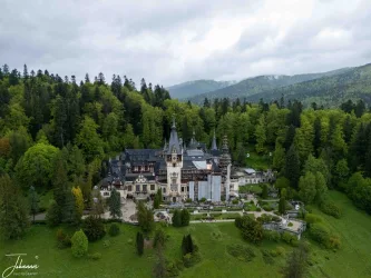 An aerial view capturing the sheer architectural majesty of Peleș Castle. A triumph of German Neo-Renaissance design, this Romanian landmark is beautifully situated amidst the dense, vibrant greenery of the Carpathian foothills, a testament to King Carol I's vision.